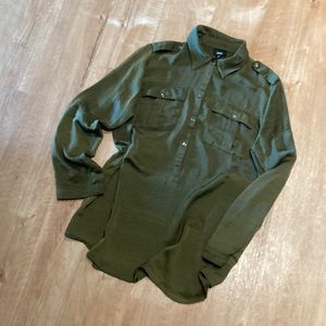 Silky textured military style olive green popover tunic
